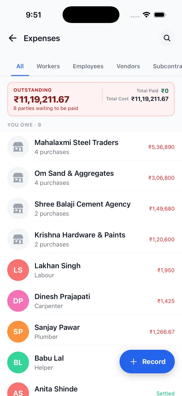 KhataKro expenses screen: ₹11,19,211.67 outstanding across eight parties, four vendors and four workers